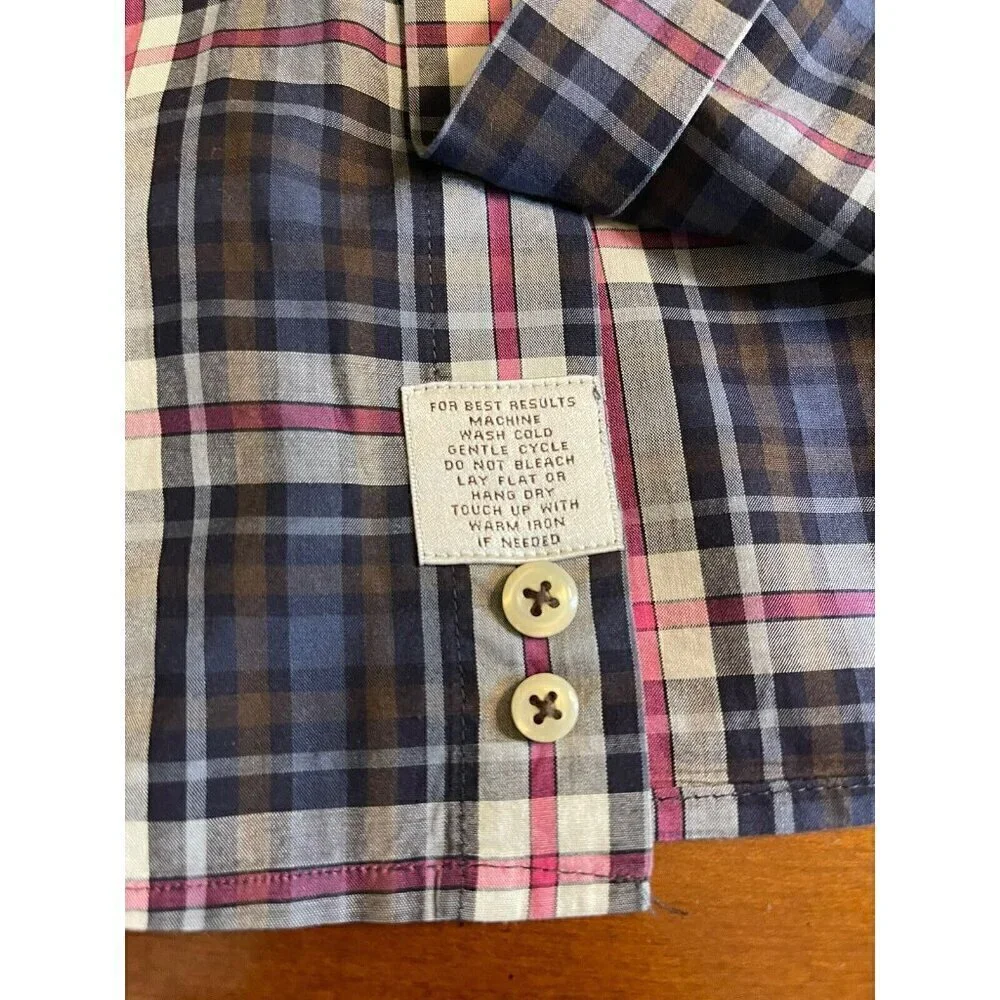 Peter Millar Long Sleeve Button Up Dress Shirt Blue Pink Plaid Sz Large L Cotton
